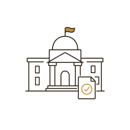 Illustration of a town hall building with an approved document