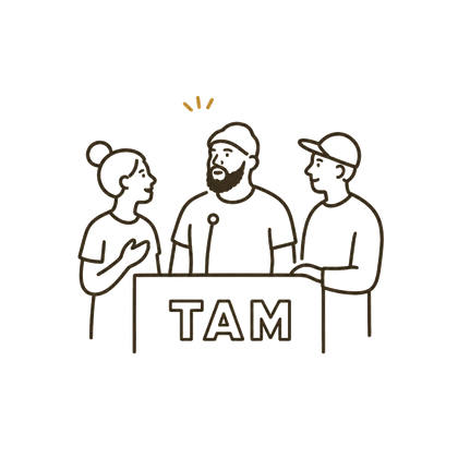 Illustration of neighbors talking with a Friends of Tam District organizer at the TAM podium
